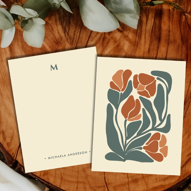 Boho Abstrakt Blommor Monogram Namn Pappersvaror Anteckningskort (Skapare uppladdad)
