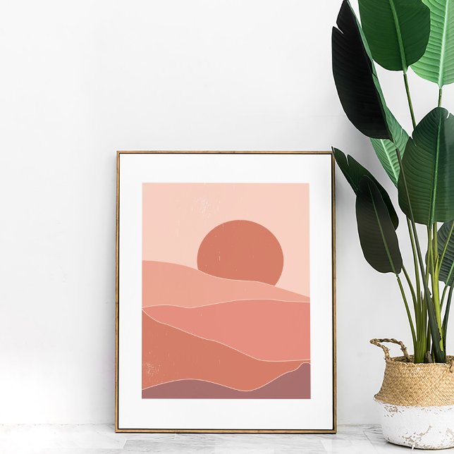Boho Abstrakt Burnt Orange SunsetPrint Poster (Boho Abstract Burnt Orange SunsetPrint Poster on the floor next to a large plant.)