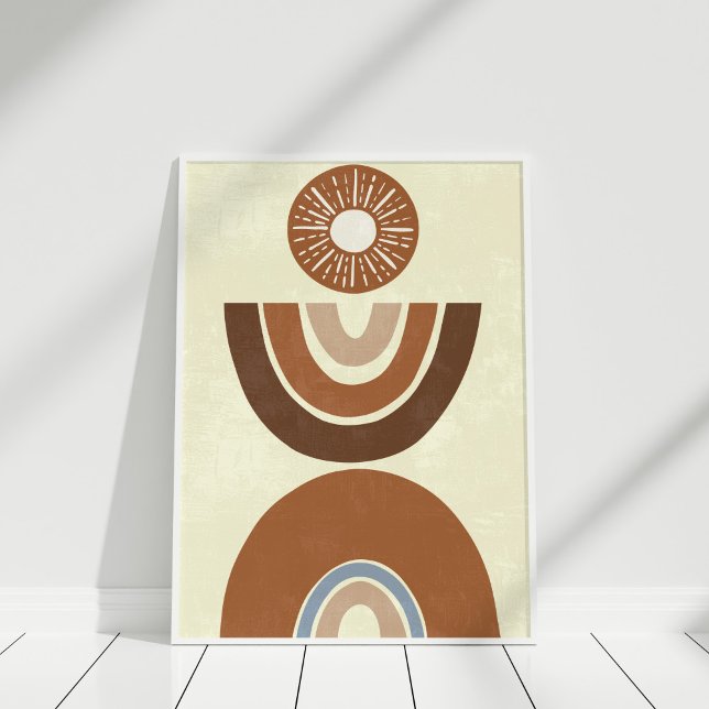 Boho Abstrakt Earth Tone Folk och Rainbow Poster (Boho Abstract Earth Tone Folk and Rainbow Poster in a white frame.)