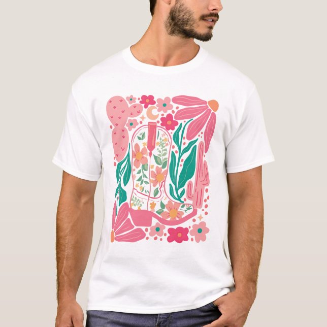 Boho Abstrakt Flower Retro Cowgirl Boots Flower T Shirt (Framsida)