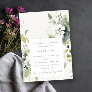 Boho Abstrakt Grönt Vit Blommigt Födelsedag Inbjudningar