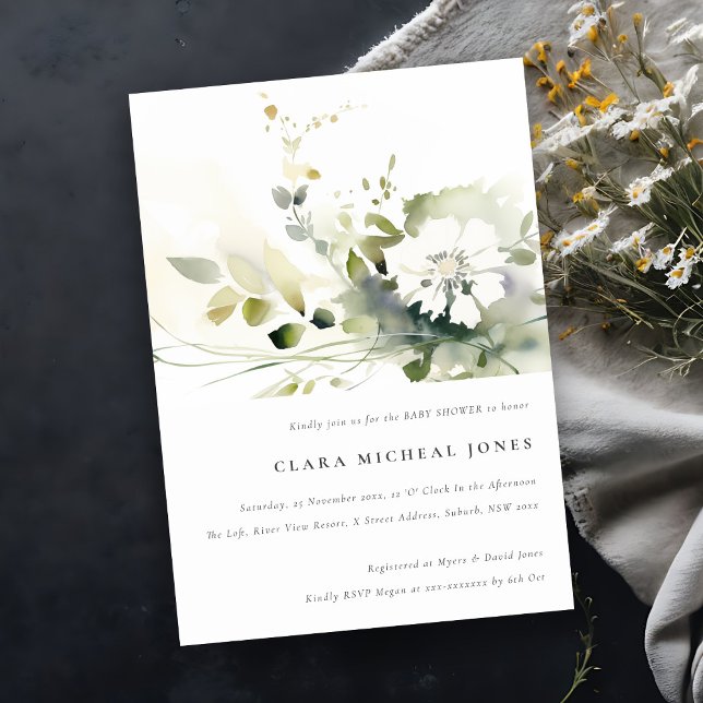 Boho Abstrakt Grönt White Blommigt Baby Shower Inbjudningar (Skapare uppladdad)