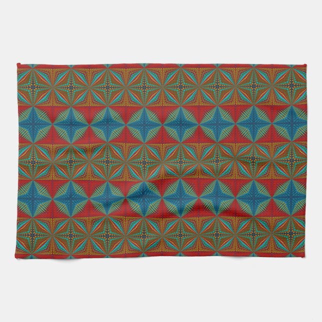 Boho Abstrakt Hippie Coola Red Blue Ethnic Trippy Kökshandduk (Horisontell)