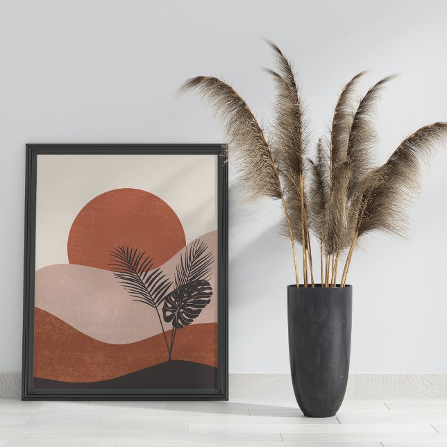 Boho Abstrakt liggande solnedgång Poster (Boho Abstract Landscape Sunset Poster on the floor in black frame next to pampas grass)