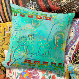 Boho Abstrakt Mayan Turcouquise & Golden Misty Kudde