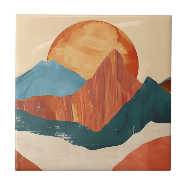 Boho Abstrakt Mountain liggande med Sol Kakelplatta (Framsidan)
