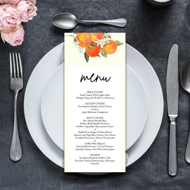 Boho Abstrakt Orange Trädgård Bröllop Meny (Boho abstract orange wedding menu showcases your dishes with warm, artistic charm.)