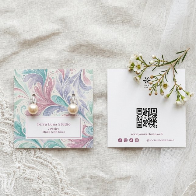 Boho Abstrakt Pastell Smyckesdisplay TMF26 Fyrkantigt Visitkort (Boho Abstract Pastel Jewelry Display with Elegant Soft Watercolor Effect Swirls.)