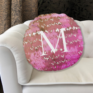 Boho Abstrakt Rosa Tie Dye Mönster Monogrammed Rund Kudde
