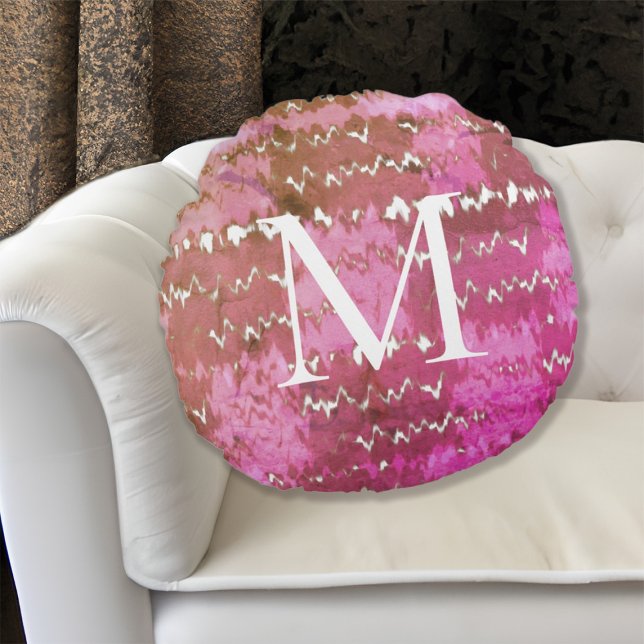 Boho Abstrakt Rosa Tie Dye Mönster Monogrammed Rund Kudde (Boho Abstract Pink Tie Dye Pattern Monogrammed Round Pillow)