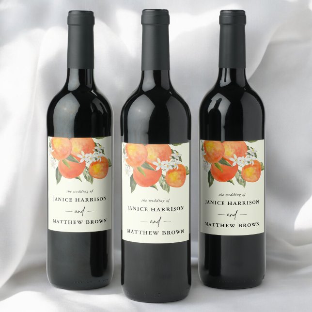 Boho Abstrakt Skissartad Orange Trädgårdsbröllop Vinflaska Etikett (Boho abstract orange wine label adds warm, artistic charm while personalizing your bottles.)