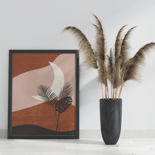 Boho Abstrakt Terracotta Landscape Måne Poster (Boho Abstract Terracotta Landscape Moon Poster in black frame on the floor next to pampas grass)