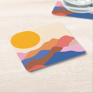 Boho Aestesisk Abstrakt Landskapsbergen Blue Underlägg Papper Kvadrat