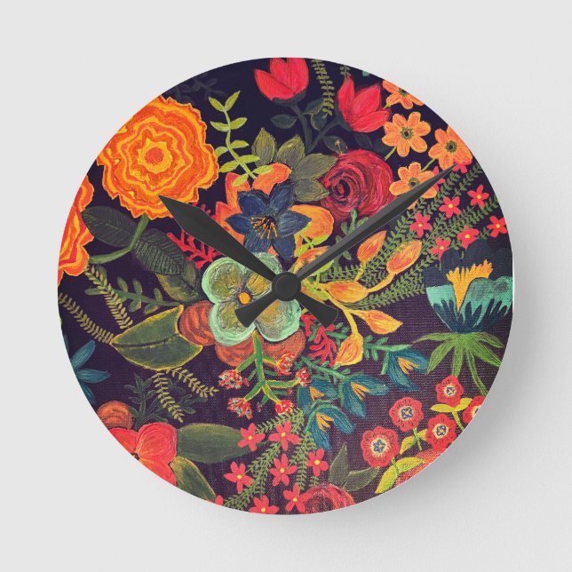 Boho akryl målning blomsterdesign rund klocka (Framsida)