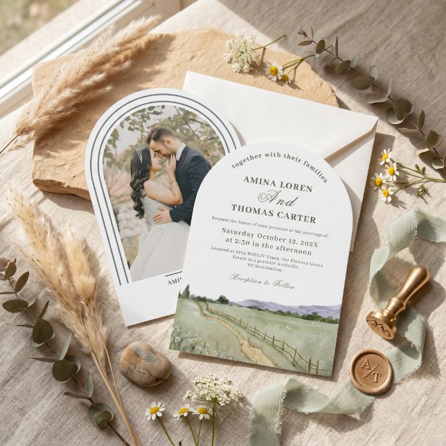 Boho Akvarell Berg Ark Foto Bröllop Minima Inbjudningar (Boho Watercolor Mountain Arch Photo Wedding Minima Invitation
)