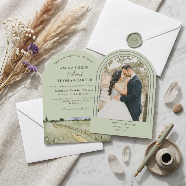 Boho Akvarell Berg Ark Foto Bröllop Minima Inbjudningar (Sage Green | Boho Watercolor Mountain Arch Photo Wedding Minimalist Invitation)