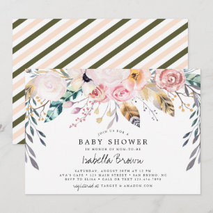 Boho akvarell blommor och fjädrar baby shower inbjudningar