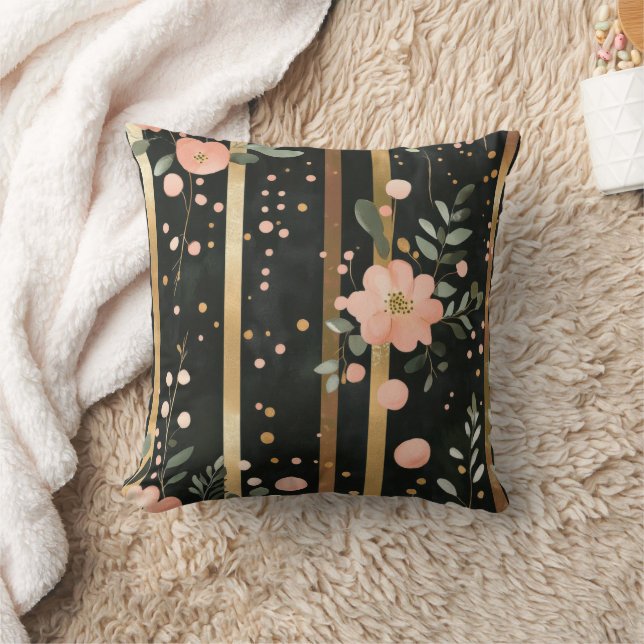 Boho akvarell blommor ränder guld rosa svart kudde (Filt)