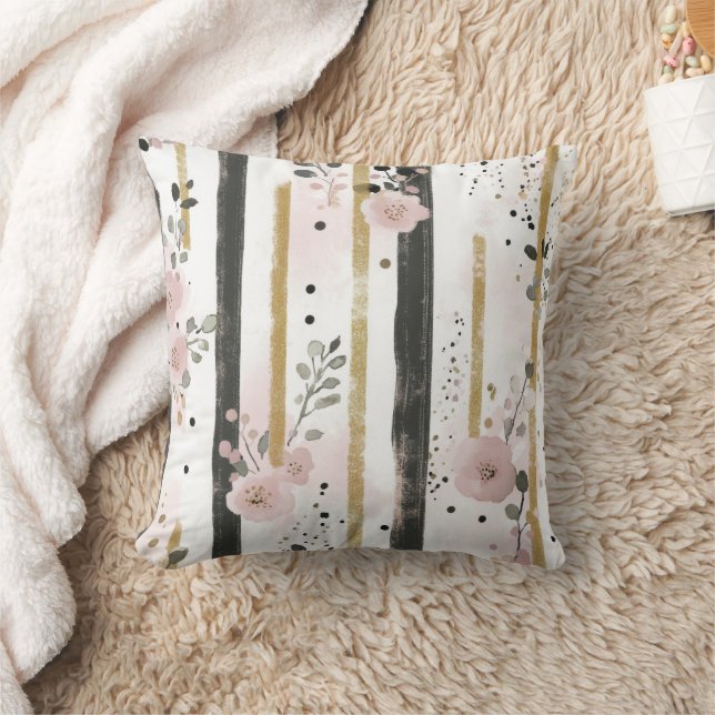 Boho akvarell blommor ränder guld rosa svart kudde (Filt)