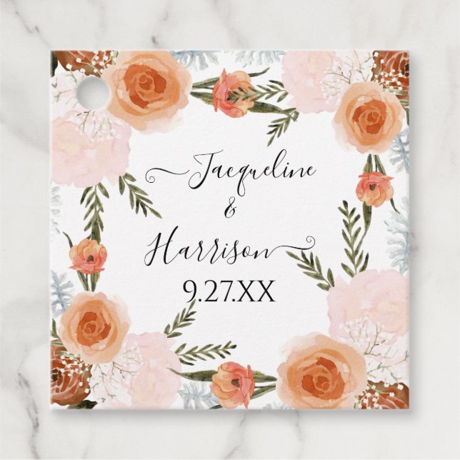 BOHO Akvarell Fersken Rosa Blommig Löv Grönska Gåvor Etiketter (Framsida)