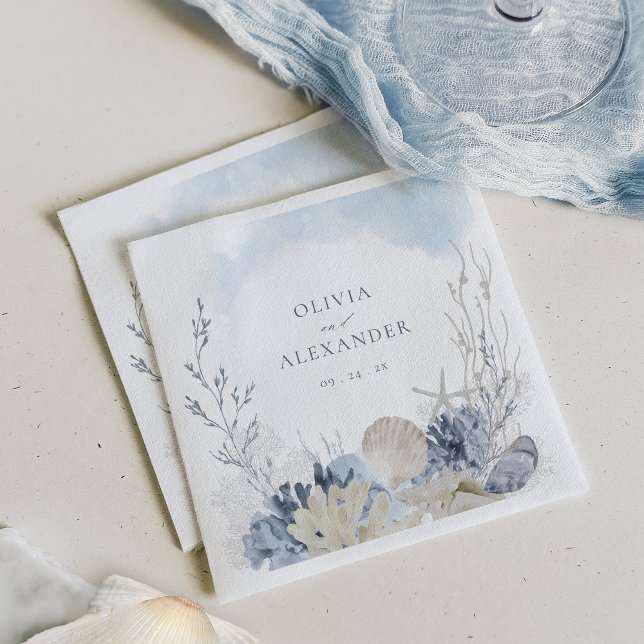 Boho Akvarell Korallskal Strand Bröllop Pappersservett (Skapare uppladdad)