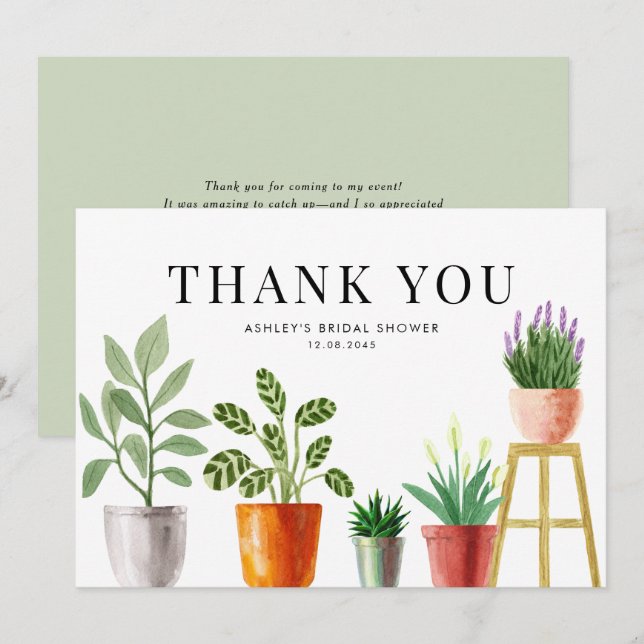 Boho akvarell krukväxter bröllopsdusch tack kort (Fram/baksida)