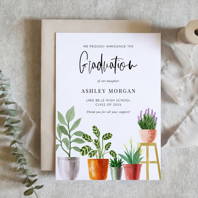 Boho akvarell krukväxter examen meddelande (Customizable boho graduation announcement featuring watercolor potted houseplants. )