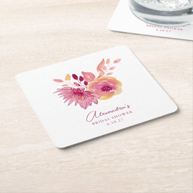 Boho akvarell Magenta röda blommor Bröllopsdusch Underlägg Papper Kvadrat (Vinklad)