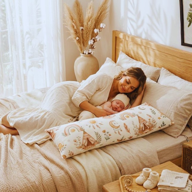 Boho akvarell regnbåge pastell kroppskudde (Boho Teepee Maternity Body Pillow | Tribal Pregnancy & Side Sleeper Cushion)