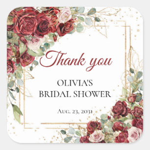 Boho akvarell röda och rosa rosor Bröllopsdusch Fyrkantigt Klistermärke