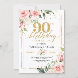 Boho akvarell rosa och guld blommor grönska 90-års inbjudningar