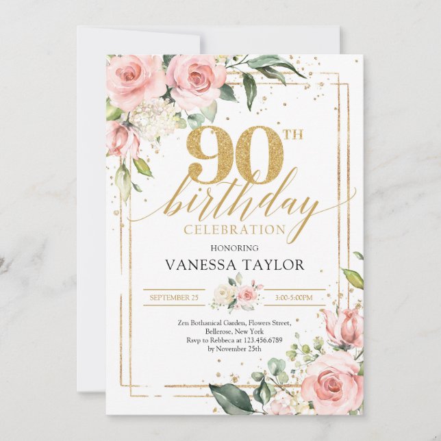 Boho akvarell rosa och guld blomster grönska 90-år inbjudningar (Framsida)