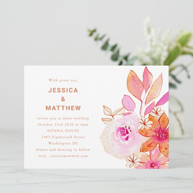 Boho akvarell rosa orange blommor chic bröllop inbjudningar (Stående Fram)