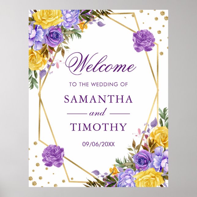 Boho Akvarell Vårblommor Guld Ram Bröllop Poster (Framsidan)