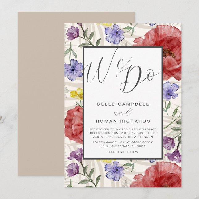 Boho akvarell Vilda Blommor Beige Bröllop Inbjudningar (Fram/baksida)