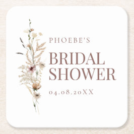 Boho  Akvarell Vildblomma Bröllopsdusch Coaster Underlägg Papper Kvadrat