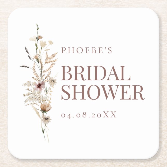 Boho  Akvarell Vildblomma Bröllopsdusch Coaster Underlägg Papper Kvadrat (Framsidan)