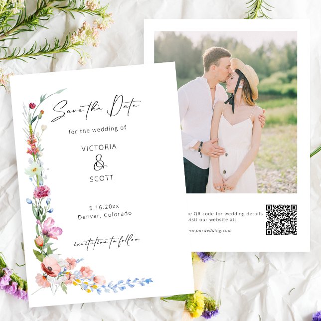 Boho akvarell vildblomma kalligrafi bröllop spara datumet (Skapare uppladdad)