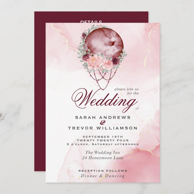 Boho All in One Bröllop Rosa Maroon Måne bjudande  Inbjudningar (Fram/baksida)