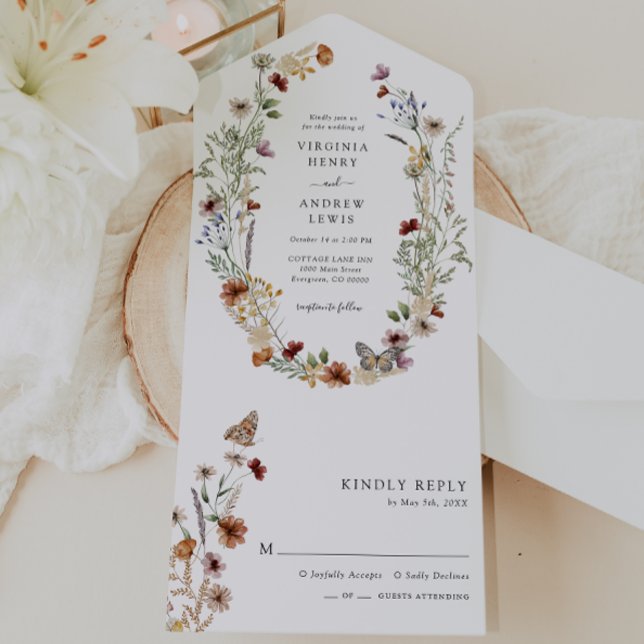Boho All in One Bröllopsinbjudan (White Boho Wildflower All in One Wedding Invite with Butterfly by Painted Paperie
)