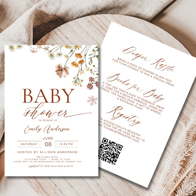 Boho All in One Wildblomma QR Code Baby Shower Inbjudningar (Skapare uppladdad)