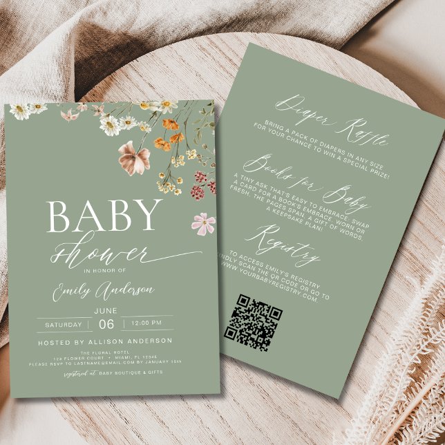 Boho All in One Wildblomme Sage Grönt Baby Shower Inbjudningar (Skapare uppladdad)