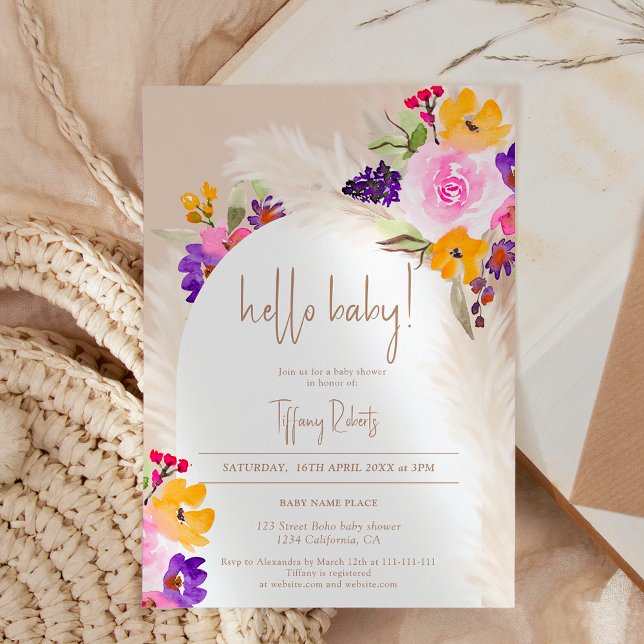 Boho and blommigt Arch neutralt hej Baby dusch Inbjudningar (Boho sand floral arch neutral hello baby shower invitation)