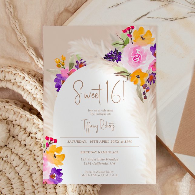 Boho and blommigt pampas ökenarch Söt 16 Inbjudningar (Boho sand floral pampas desert arch Sweet 16 Invitation)