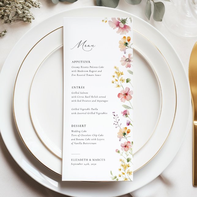 Boho äng vildblomma bröllopsmeny meny (Elegant boho meadow wildflower wedding menu with soft pastel florals and refined serif typography)