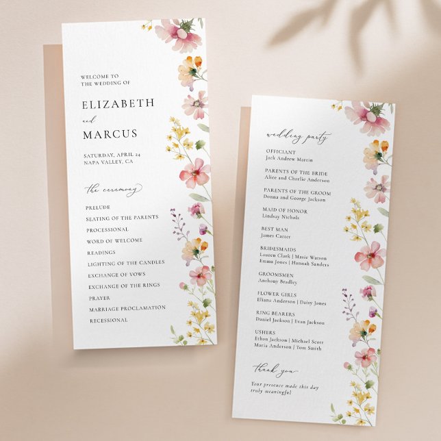Boho äng vildblomma bröllopsprogram program (Boho meadow wildflower wedding program with pastel florals and elegant serif typography)