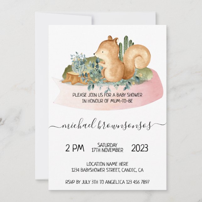 Boho Animal Ekorre Tropisk Baby Shower Inbjudningar (Framsida)
