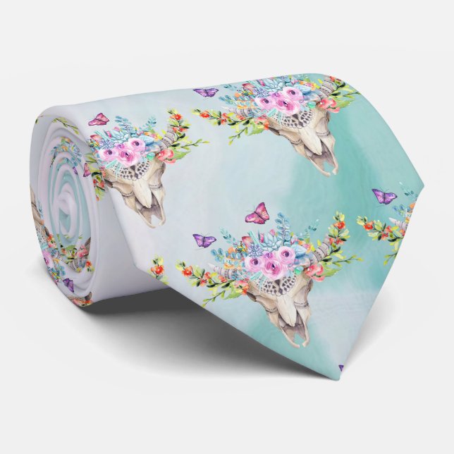 Boho Animal Skull med blommor Mönster Slips (Rullad)