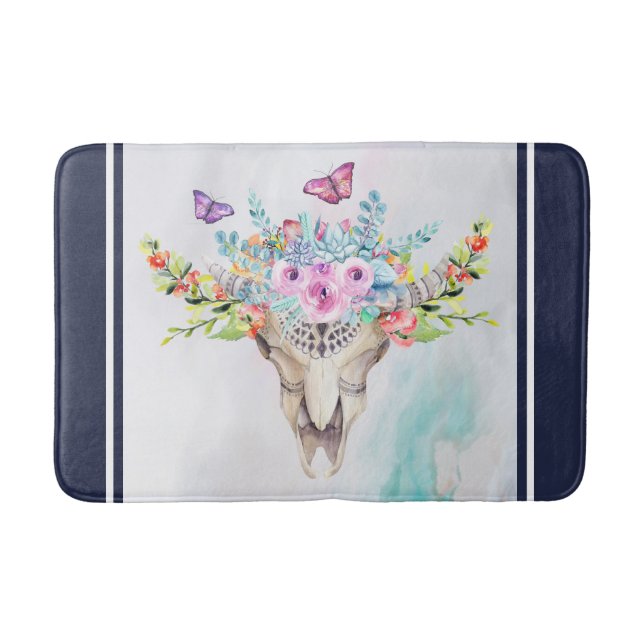 Boho Animal Skull med Butterflies och Flowers Badrumsmatta (Framsidan)