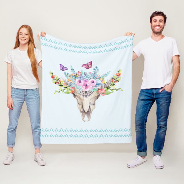 Boho Animal Skull med Butterflies och Flowers Fleecefilt (På plats)